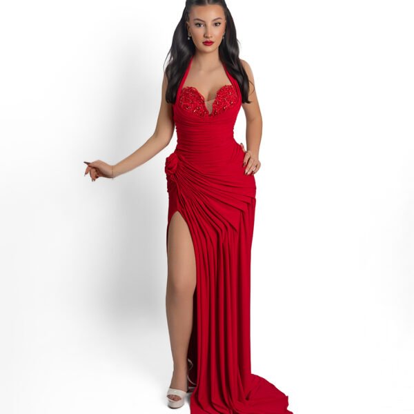 Fustan Red Halter Draped